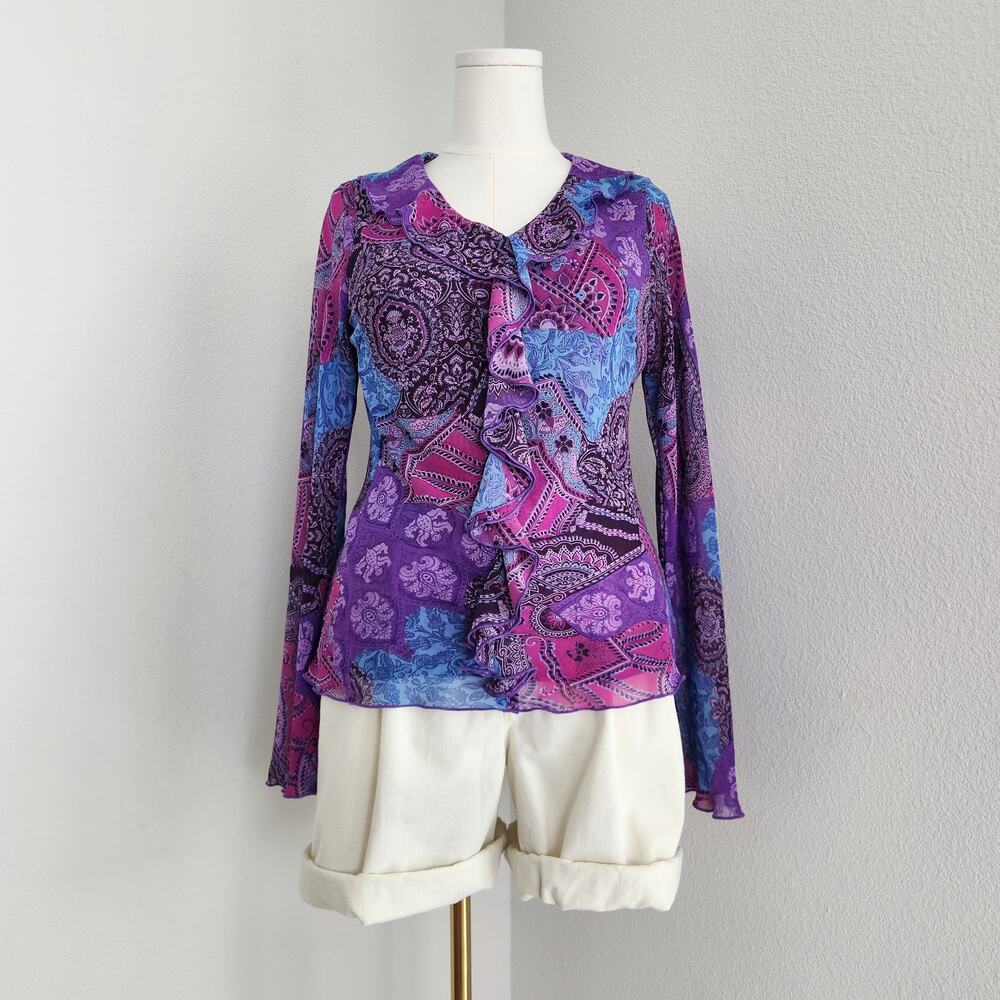 Vintage Y2K Coldwater Creek Purple Paisley Floral Blouse Ruffle V Neck Boho Top